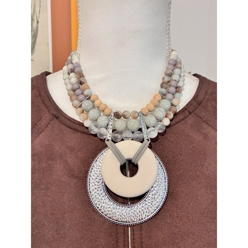 Chico's Multi Strand Beaded Statement Necklace Large Donut Pendant Silver Tone